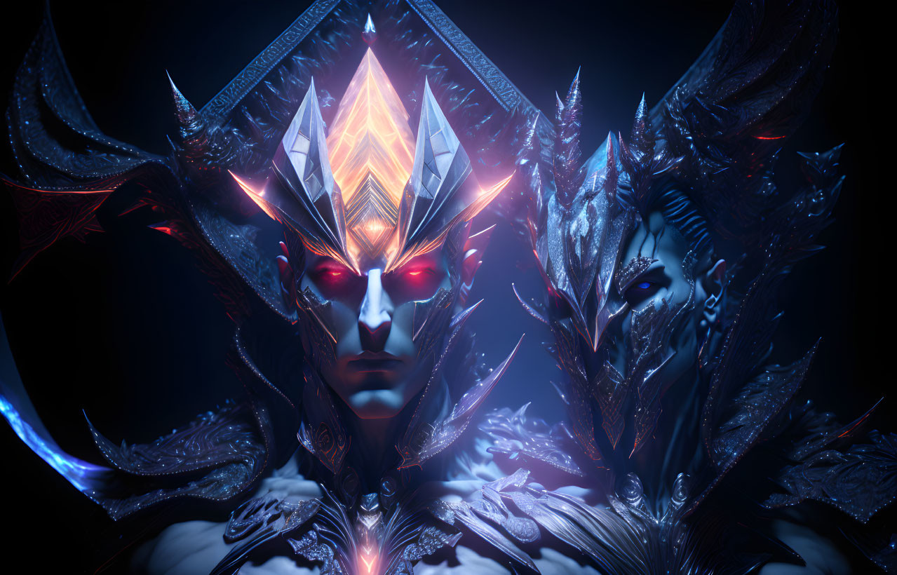 Mystical figures with glowing red eyes in elaborate crystalline armor