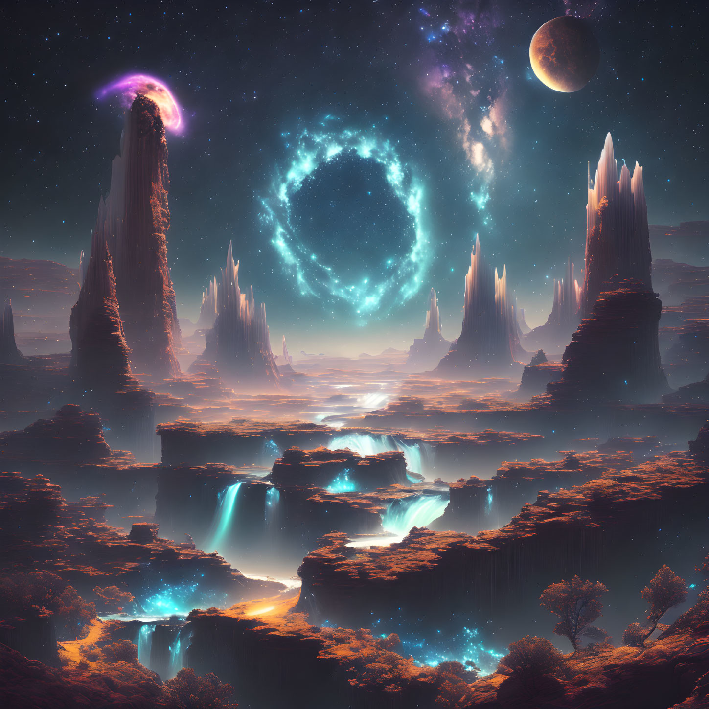 Fantastical landscape with towering spires, waterfalls, glowing ring, celestial body, and aur