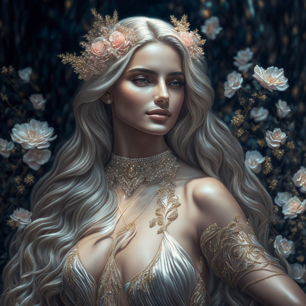 Fantasy digital art: Woman with wavy hair, flowers, and jewels on floral backdrop