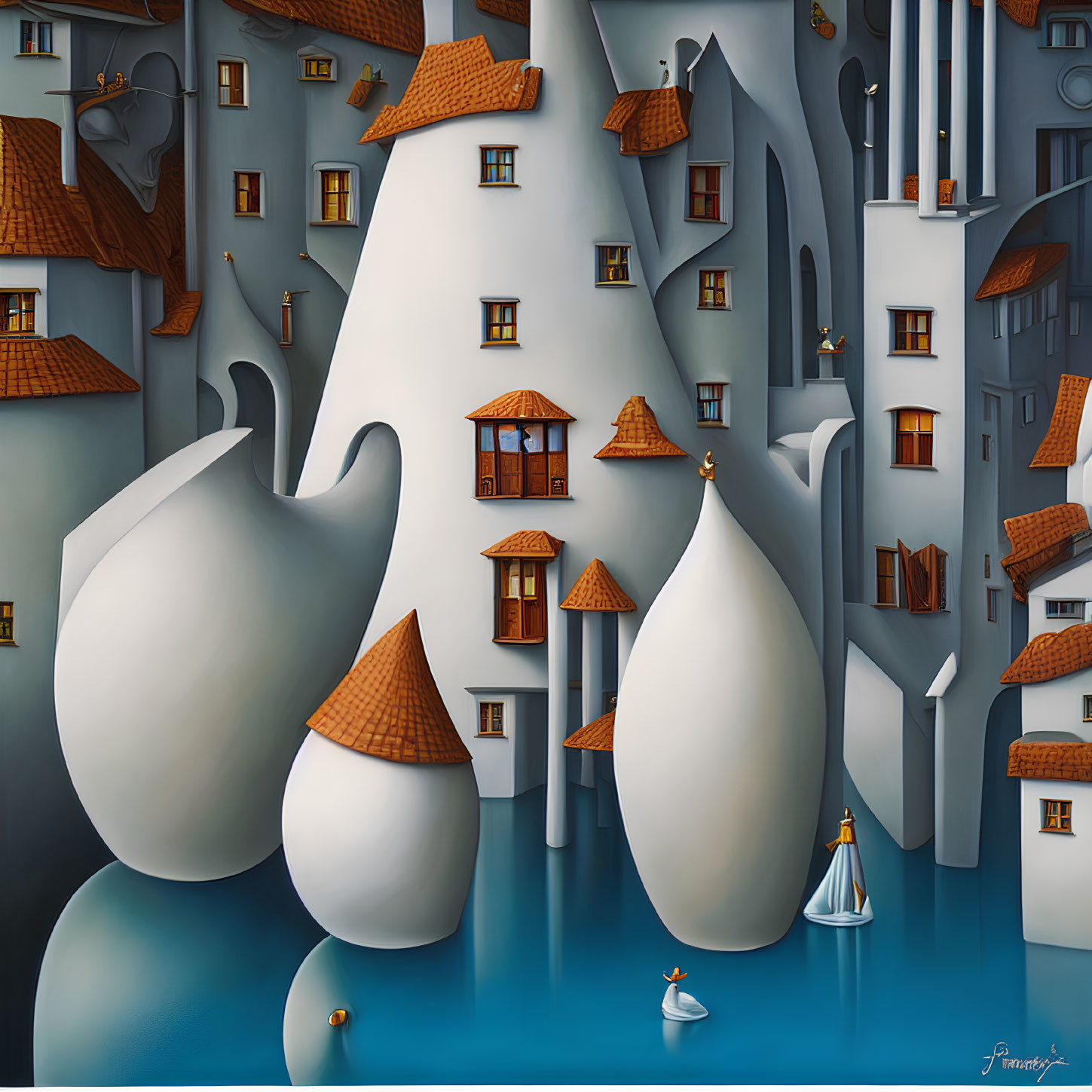 Whimsical village with bulbous white structures in a surreal setting