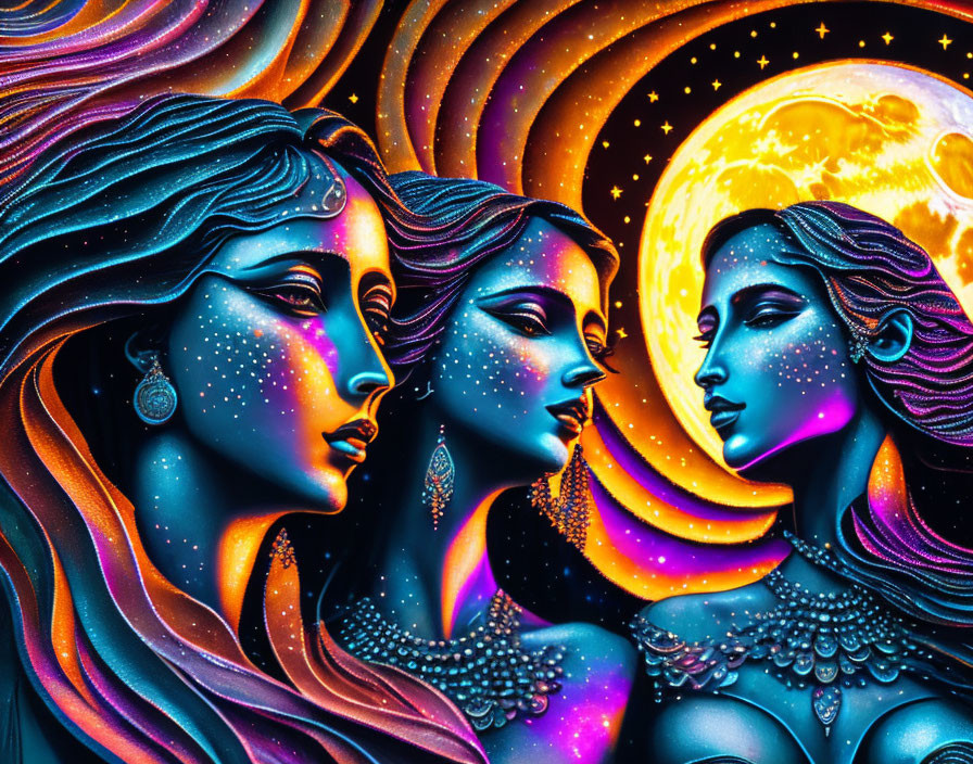 Abstract celestial-themed female faces in vibrant colors.