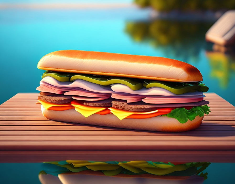 Realistic sandwich illustration with ham, cheese, lettuce, and tomatoes on wooden surface