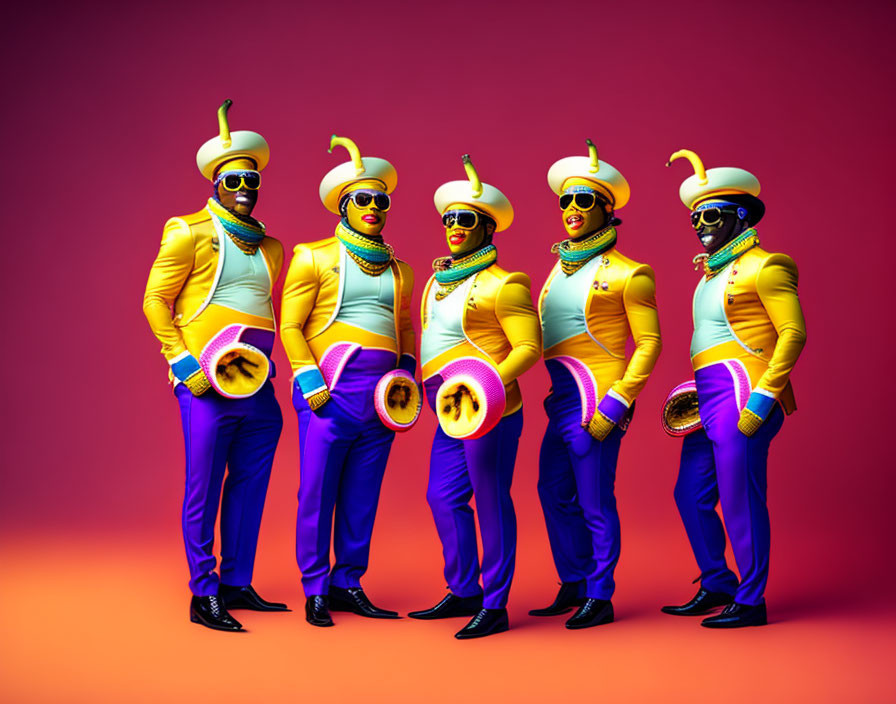 Five people in quirky costumes with banana hats and sunglasses holding fruit slices