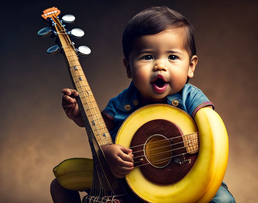 Dark-Haired Baby Holding Guitar Surrounded by Bananas and Bubbles