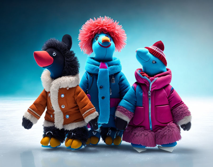 Colorful Anthropomorphic Bird Stuffed Toys Ice Skating in Winter