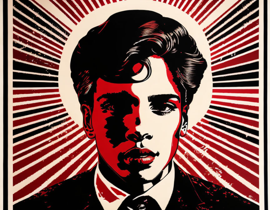 Stylized red, black, and white graphic illustration of a young man with partial shadow on face