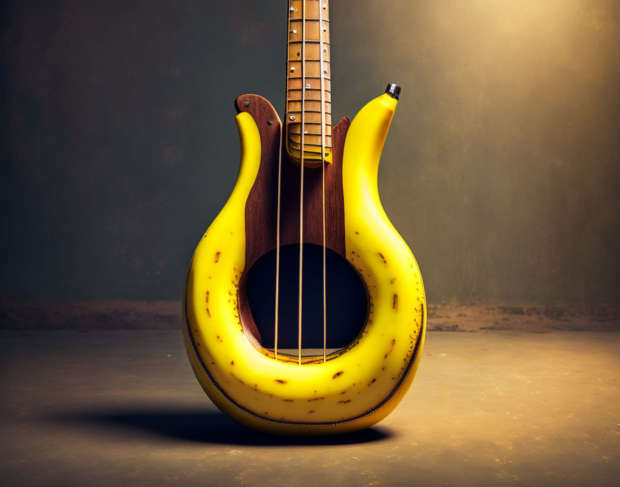 Banana-shaped guitar on dark background