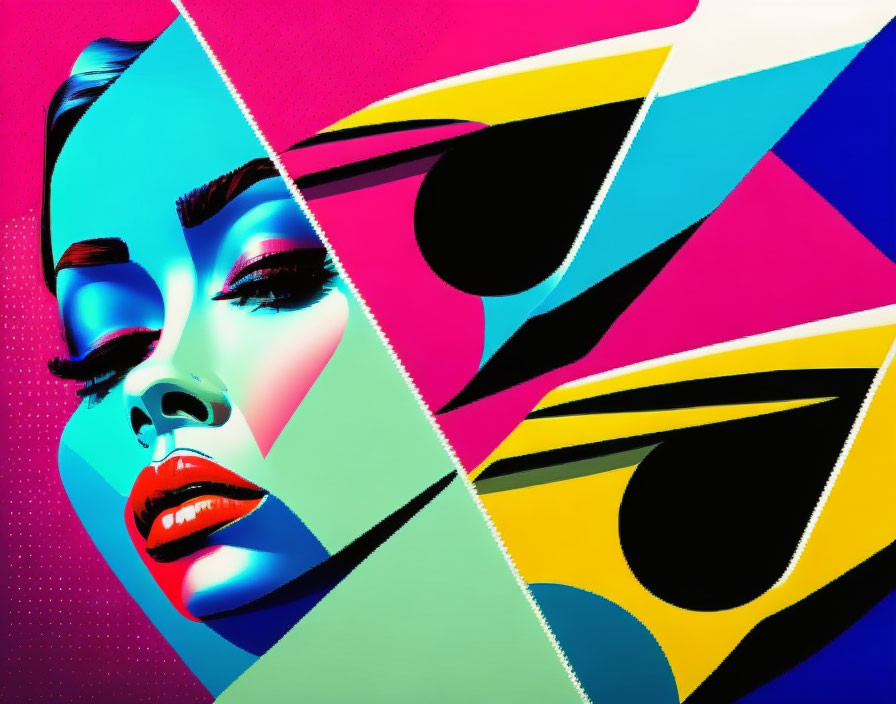 Vibrant Pop Art Style Woman's Face with Abstract Shapes