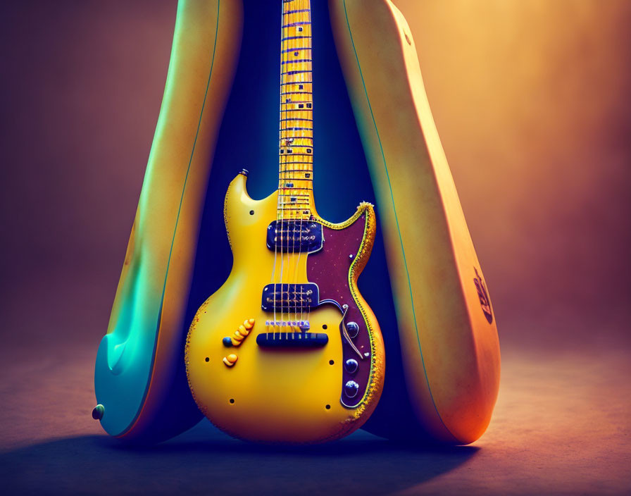 Vibrant yellow electric guitar with surfboard under colorful lighting