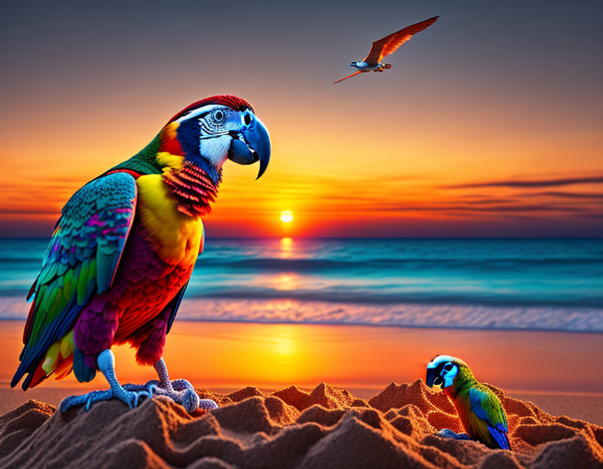 Vibrant Sunset Scene: Colorful Parrots on Sandy Beach