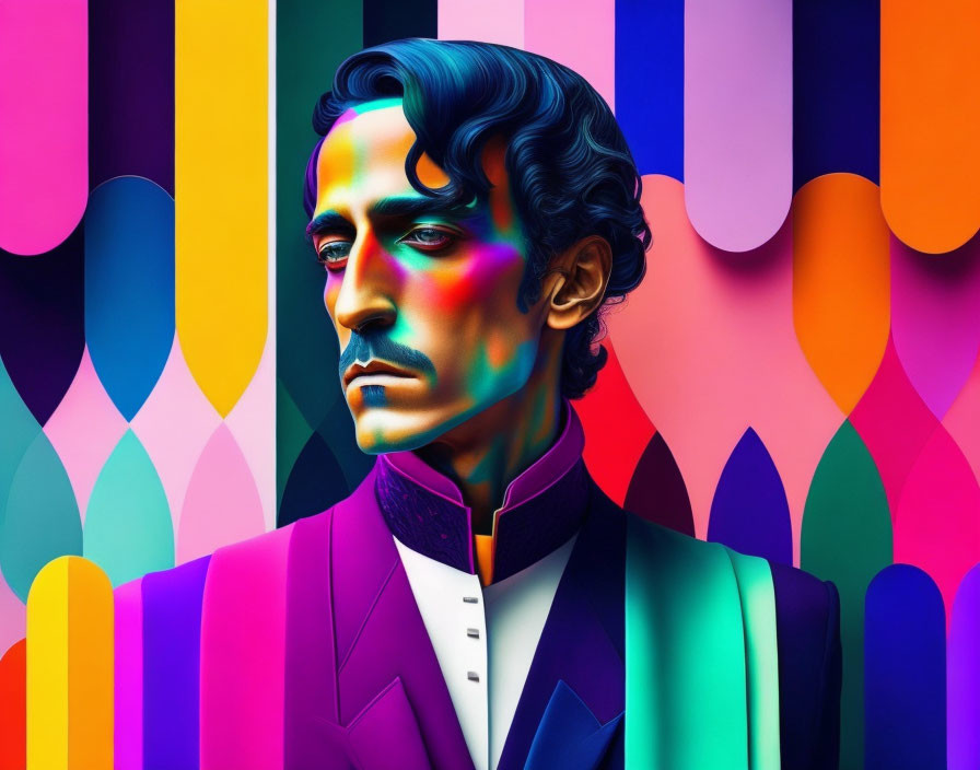 Vibrant digital art: stylized man in suit on colorful background