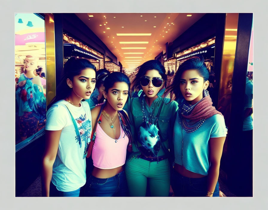 Stylish young women posing in front of a store with azure ambiance