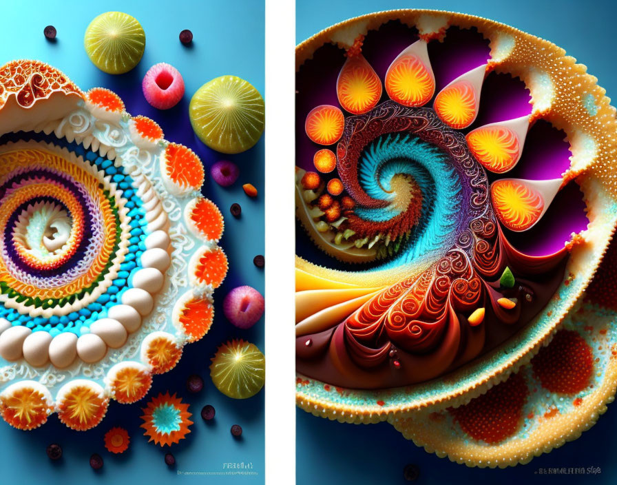 Colorful symmetrical plates with intricate pasta and confectionery shapes.