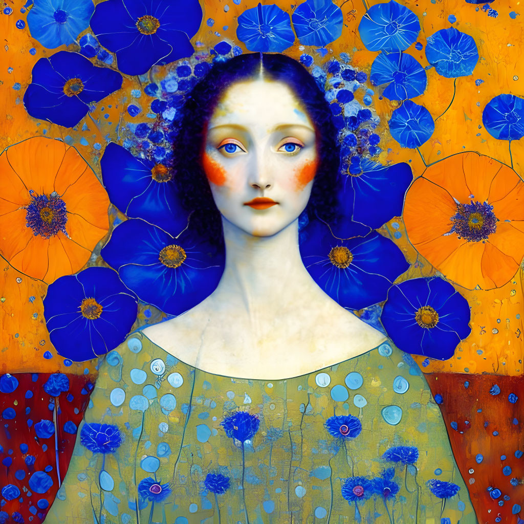 Portrait of woman with pale skin and blue flowers on orange backdrop