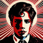 Stylized red, black, and white graphic illustration of a young man with partial shadow on face