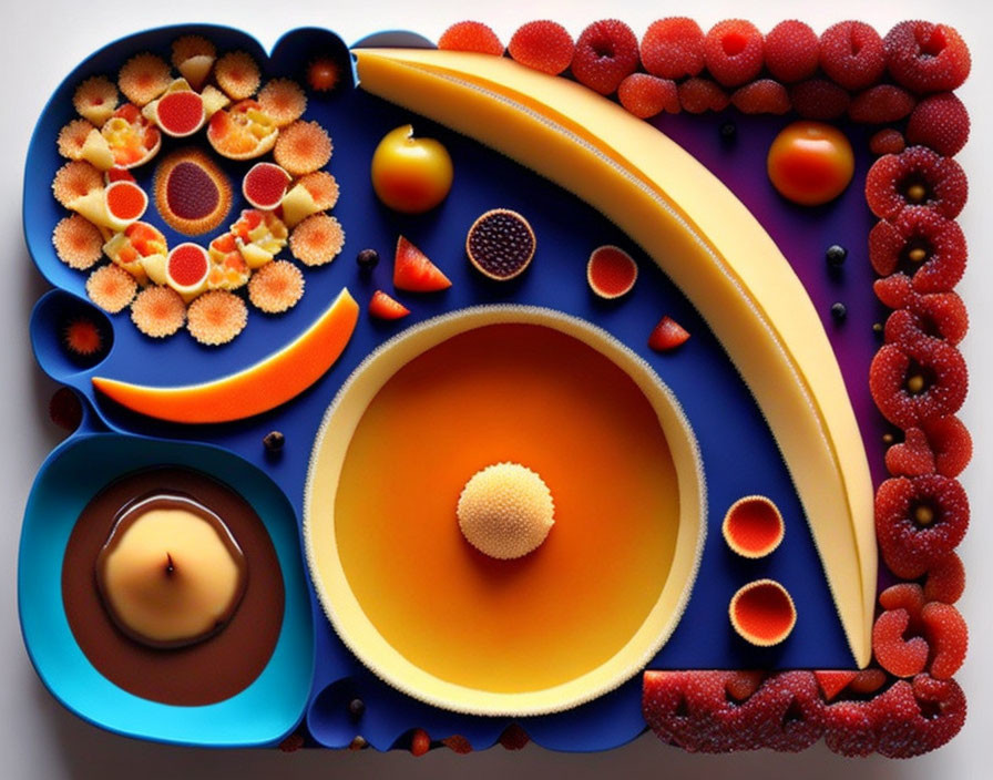 Vibrant fruit and liquid arrangement in assorted bowls and plates