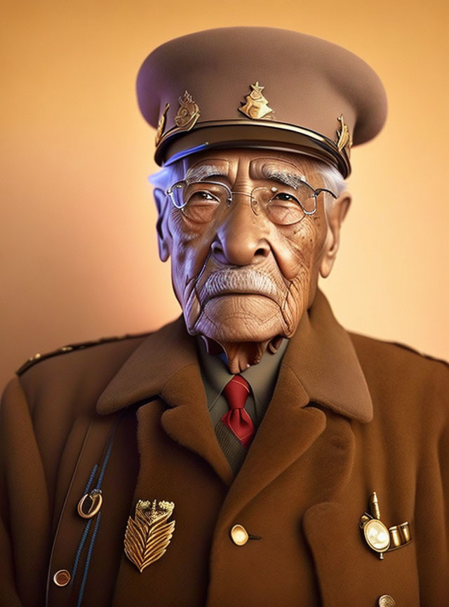 Elderly military officer digital illustration with medals and beret