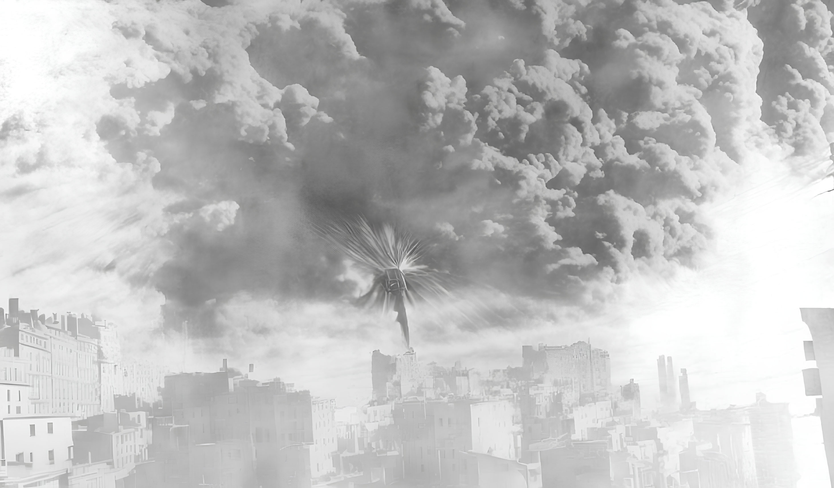 Monochrome cityscape with towering dandelion-like structure