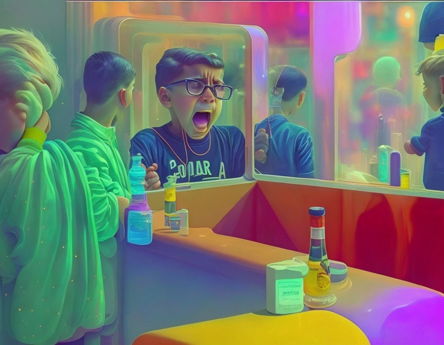 Young boy with glasses yawning in neon-lit setting surrounded by others and bottles