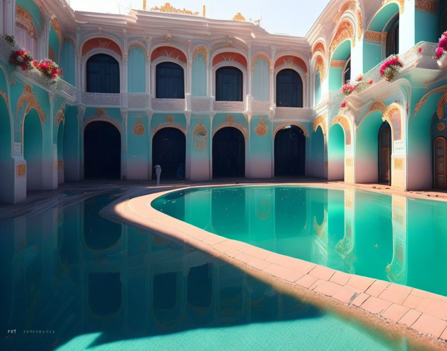 Sunlit Courtyard with Turquoise Pool and Arched Doorways