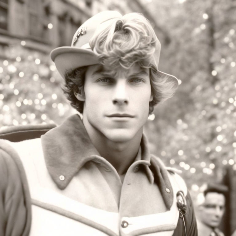 Sepia-Toned Portrait of Young Man with Curly Hair and City Lights