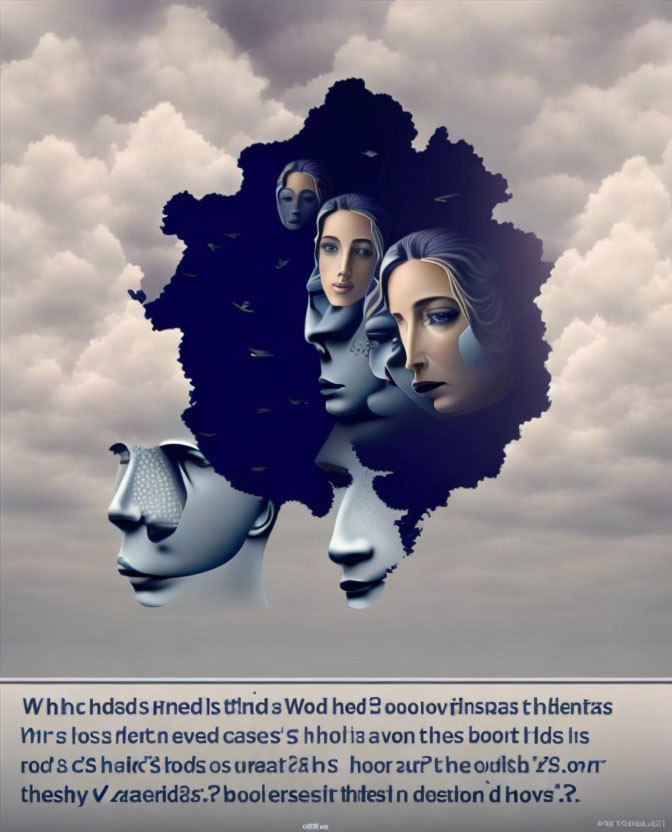 Blended female faces in surreal artwork against cloudy sky