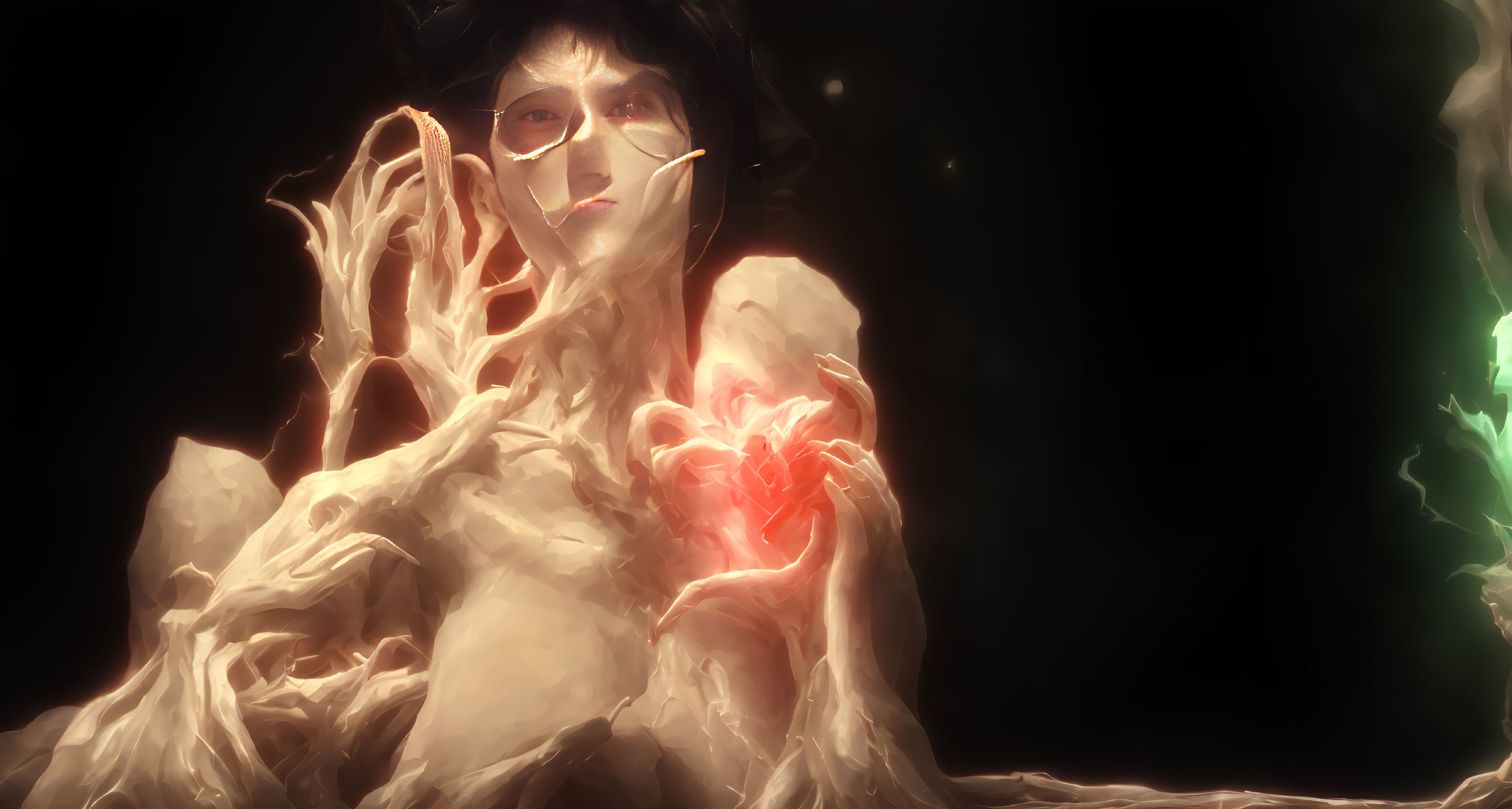 Ethereal person clutching heart-shaped object in digital painting