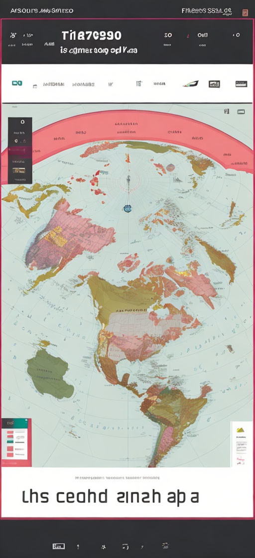 Colorful upside-down world map with navigational lines and coordinates.