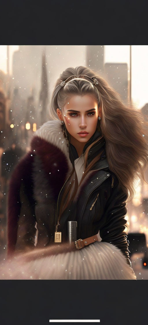 Digital illustration of woman with flowing hair in stylish jacket against cityscape at sunrise/sunset