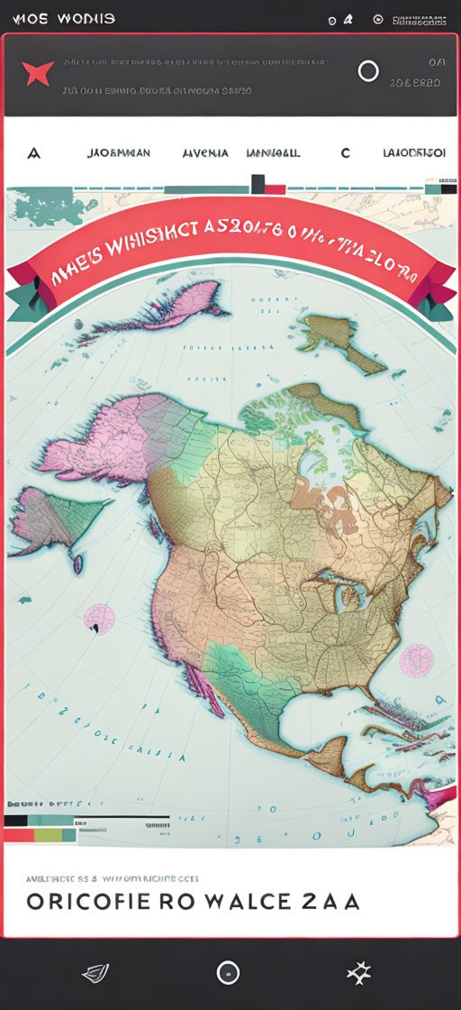 Vintage-style world map app with focus on North America and non-English text