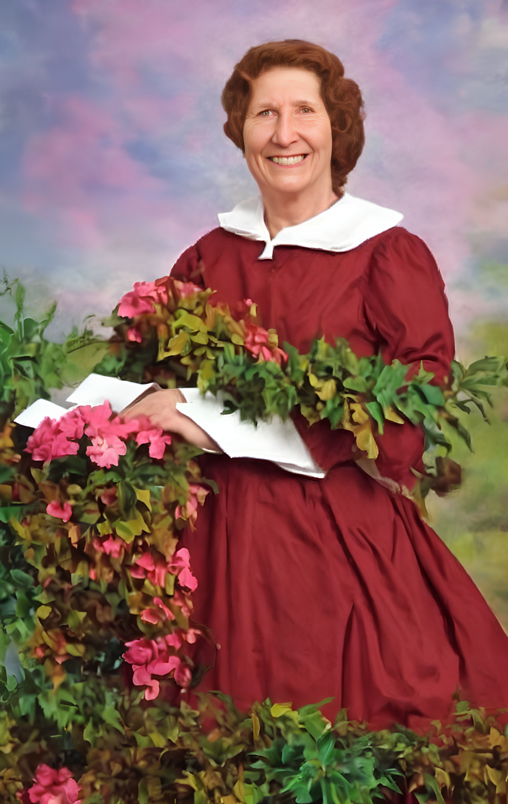 Elderly Woman in Vintage Red Dress Holding Pink Flower Bouquet