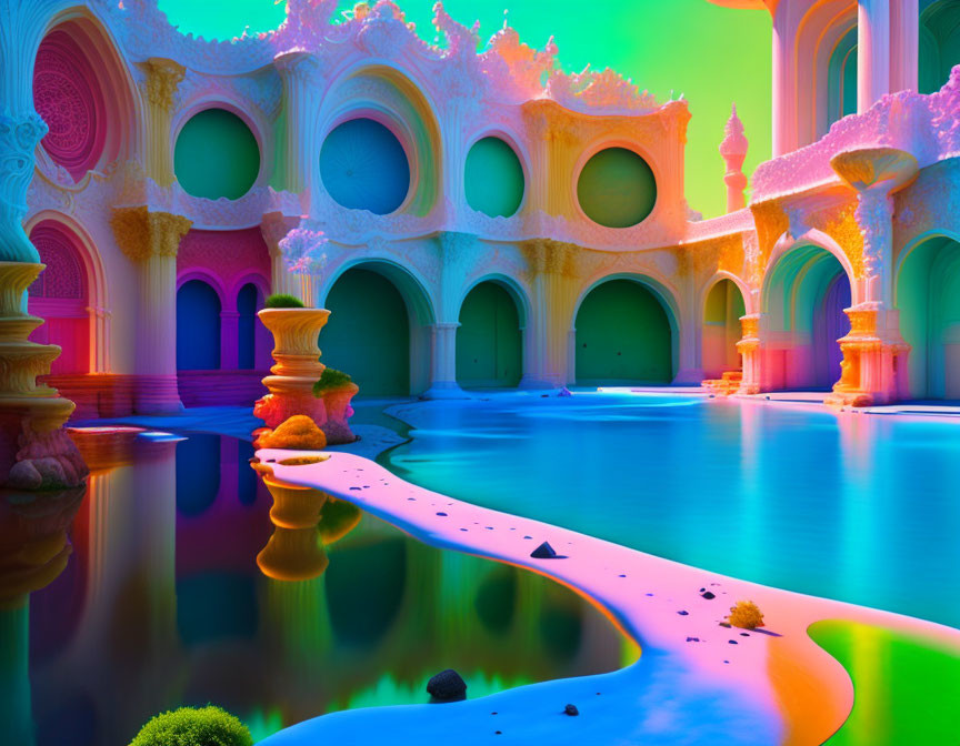 Surreal architectural interior with vibrant colors, arches, columns, and serene water reflection