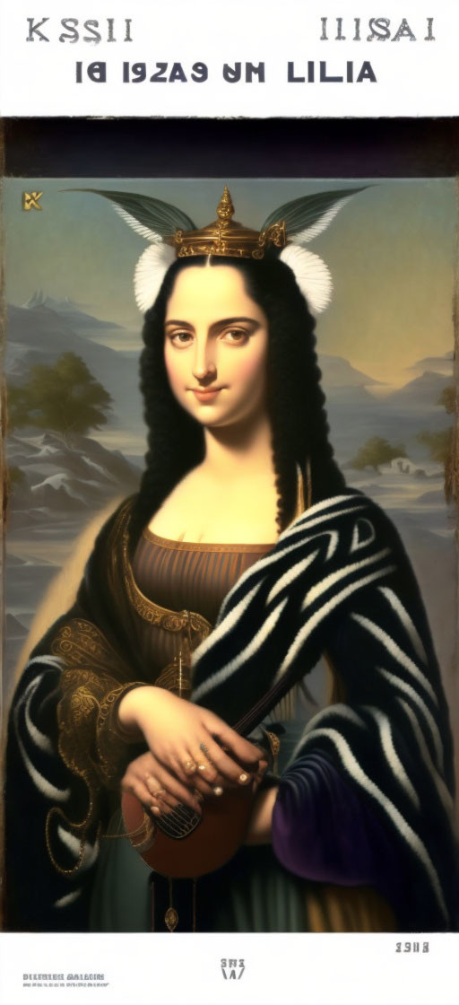 Surreal painting: Mona Lisa in Jedi robe with Princess Leia hairstyle holding a lute