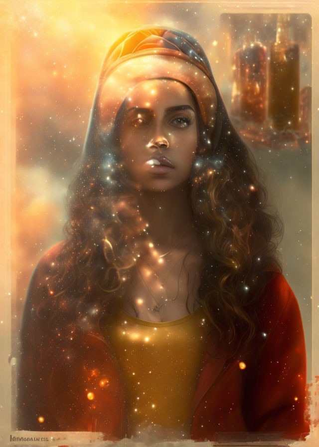 Cosmic-themed digital painting of a woman with floating candles, headband, red coat, and yellow