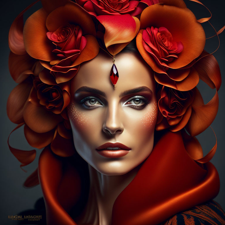 Woman with Large Red Rose Headdress and Dramatic Makeup with Teardrop Jewel