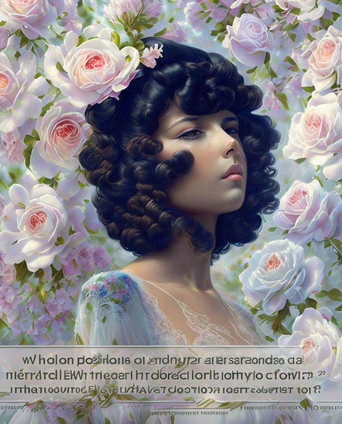 Digital artwork of woman with curly hair surrounded by blooming roses