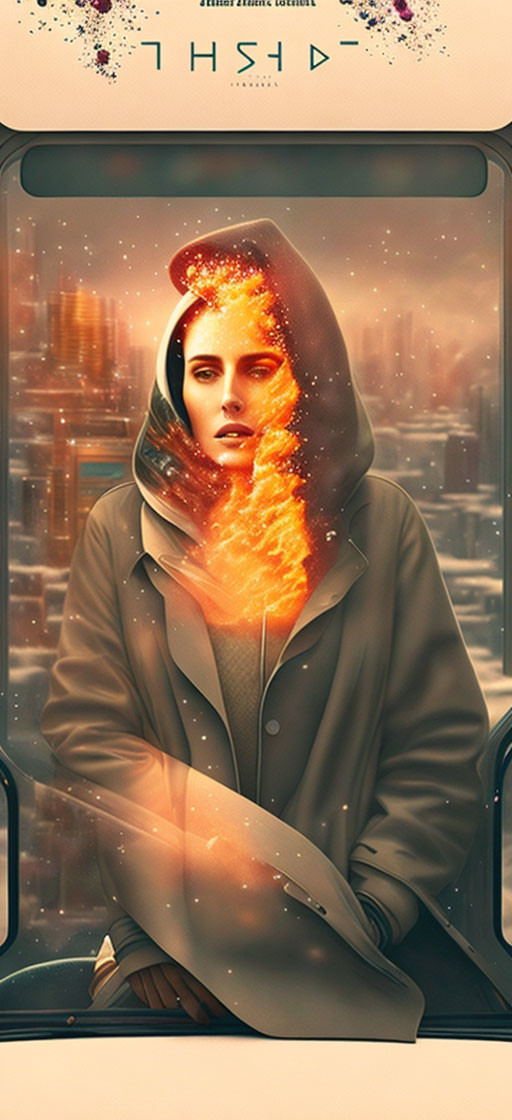 Digital artwork of woman in hoodie with glowing face on bus with blurred cityscape.