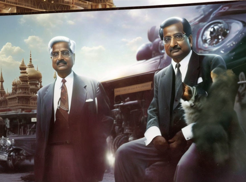 Stylized men in suits with mustaches and glasses in whimsical setting