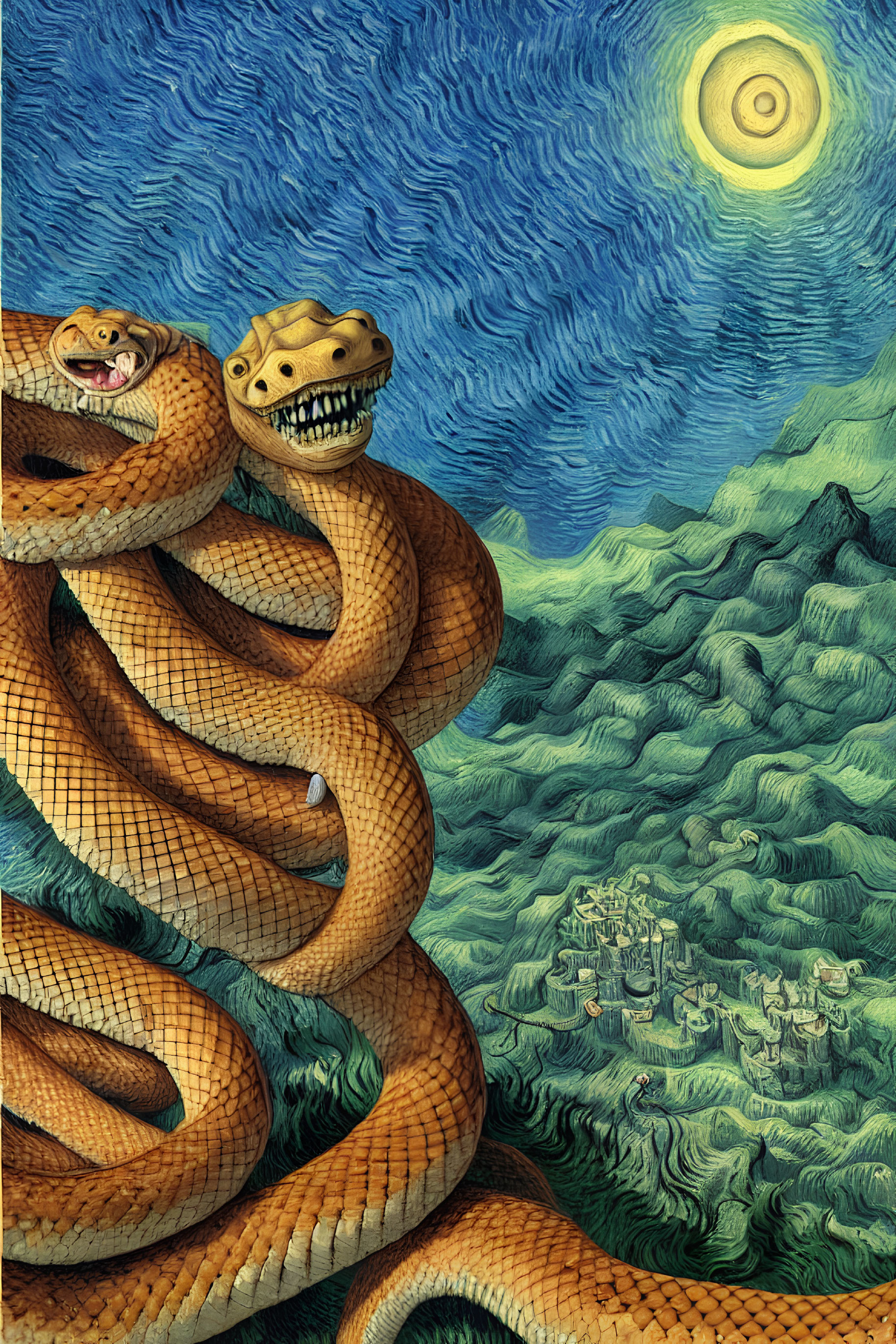 Illustration of Two Smiling Snakes in Swirling Sky Background