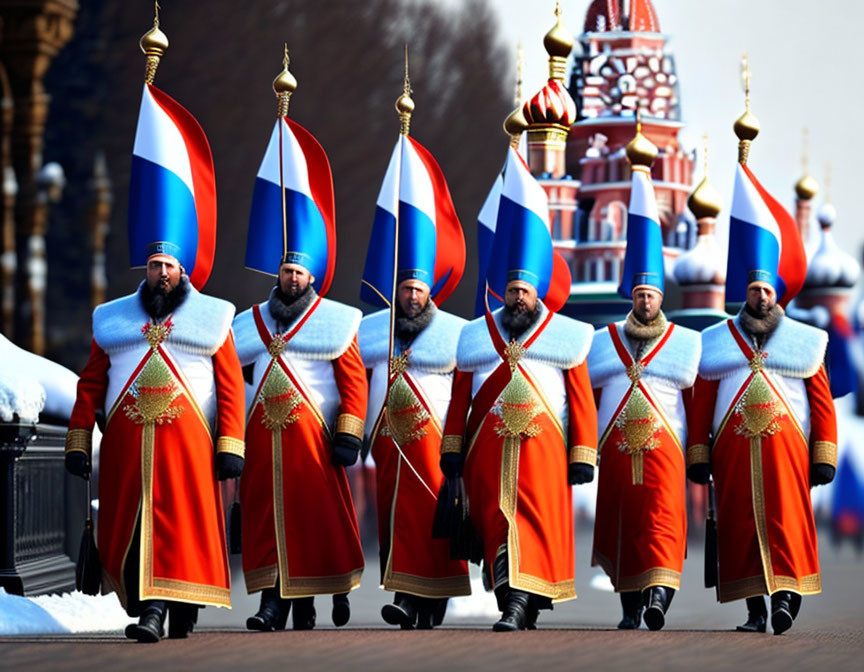 Russian military men in traditional uniforms with fur hats and capes marching near historic building