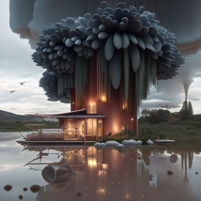 Modern glass house by calm lake with mushroom cloud reflection