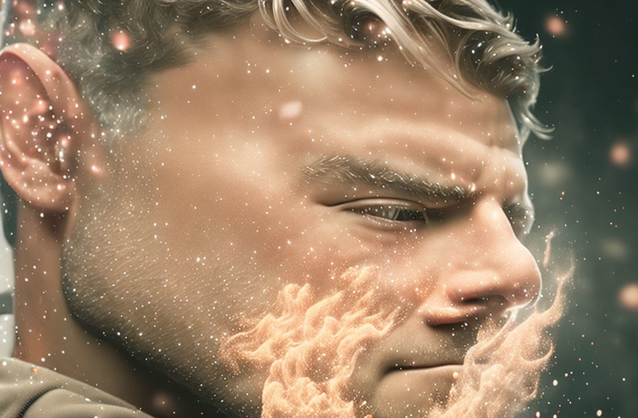 Fiery beard contrasts with icy elements on person's face