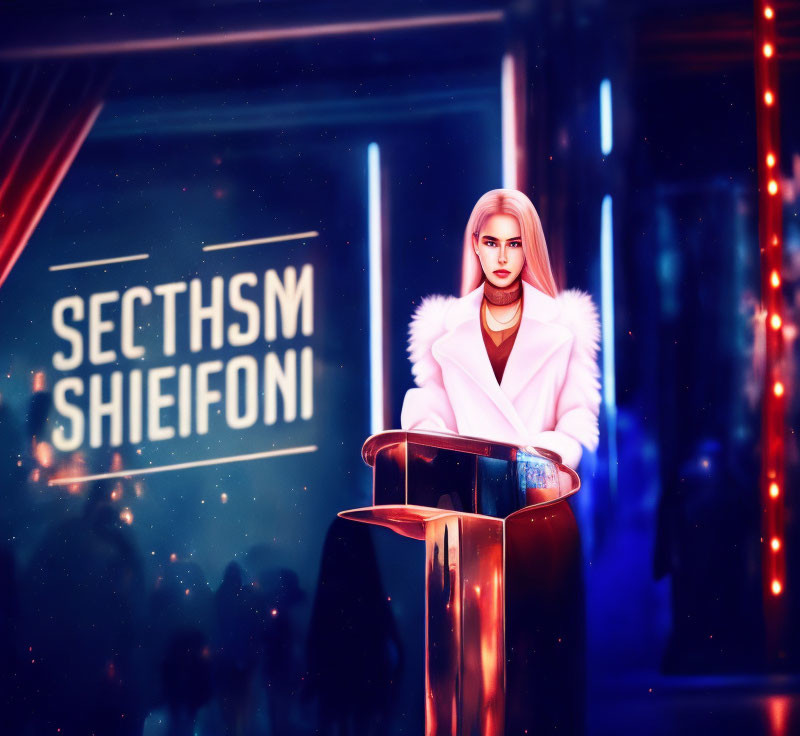 Pink-haired person in white fur jacket at podium with "SECTHSM SHIEFONI