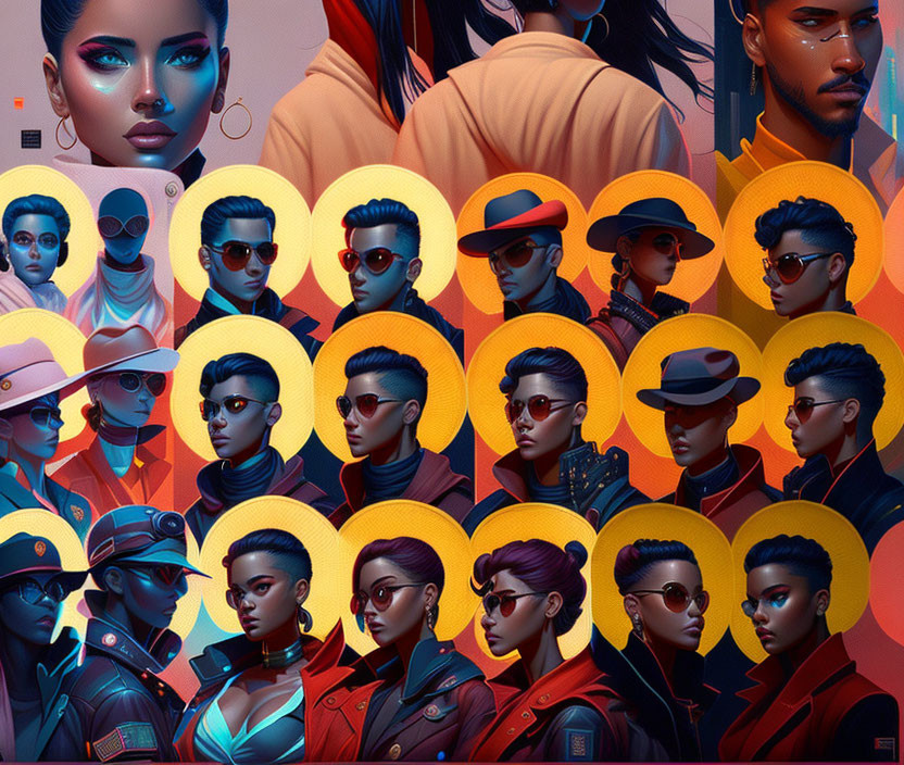 Futuristic character collage with unique hairstyles and sunglasses