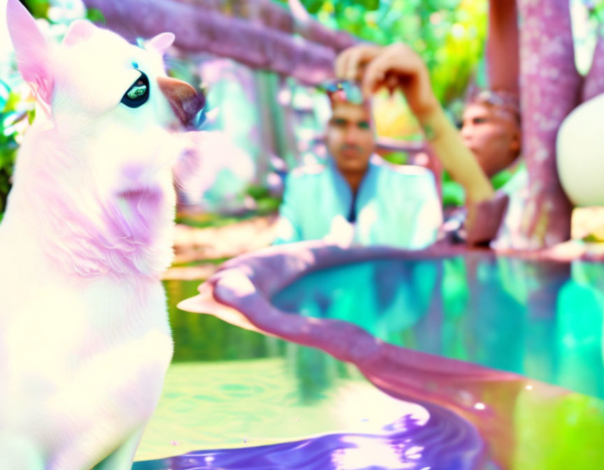 Vividly colored image of white dog with pink hue, people near water feature