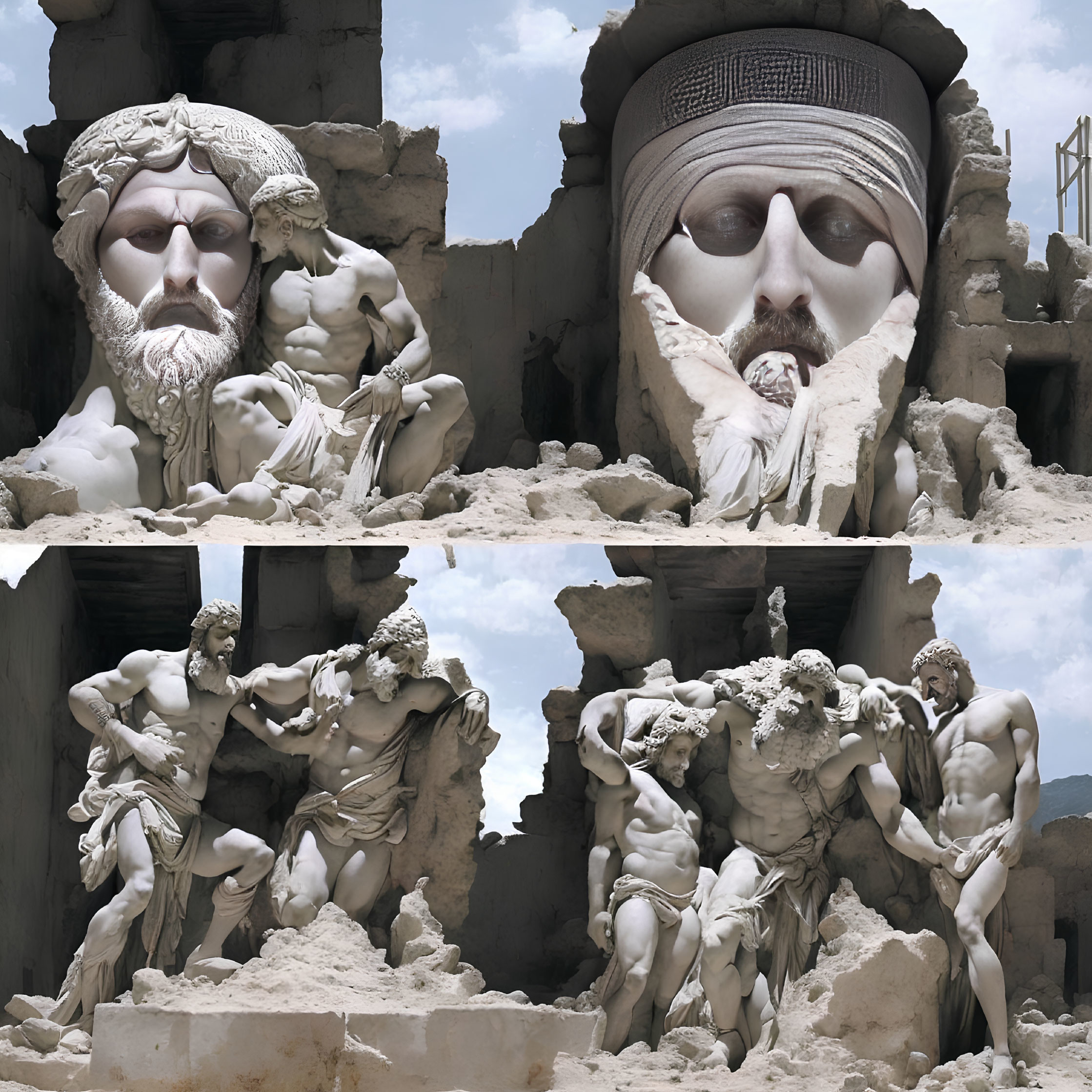 Detailed Sand Sculptures of Classical Figures and Colossal Face with Headdress in Four-Panel Image