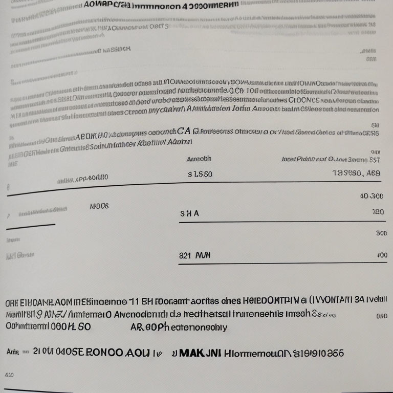 Blurred document with printed text and tables showing financial data