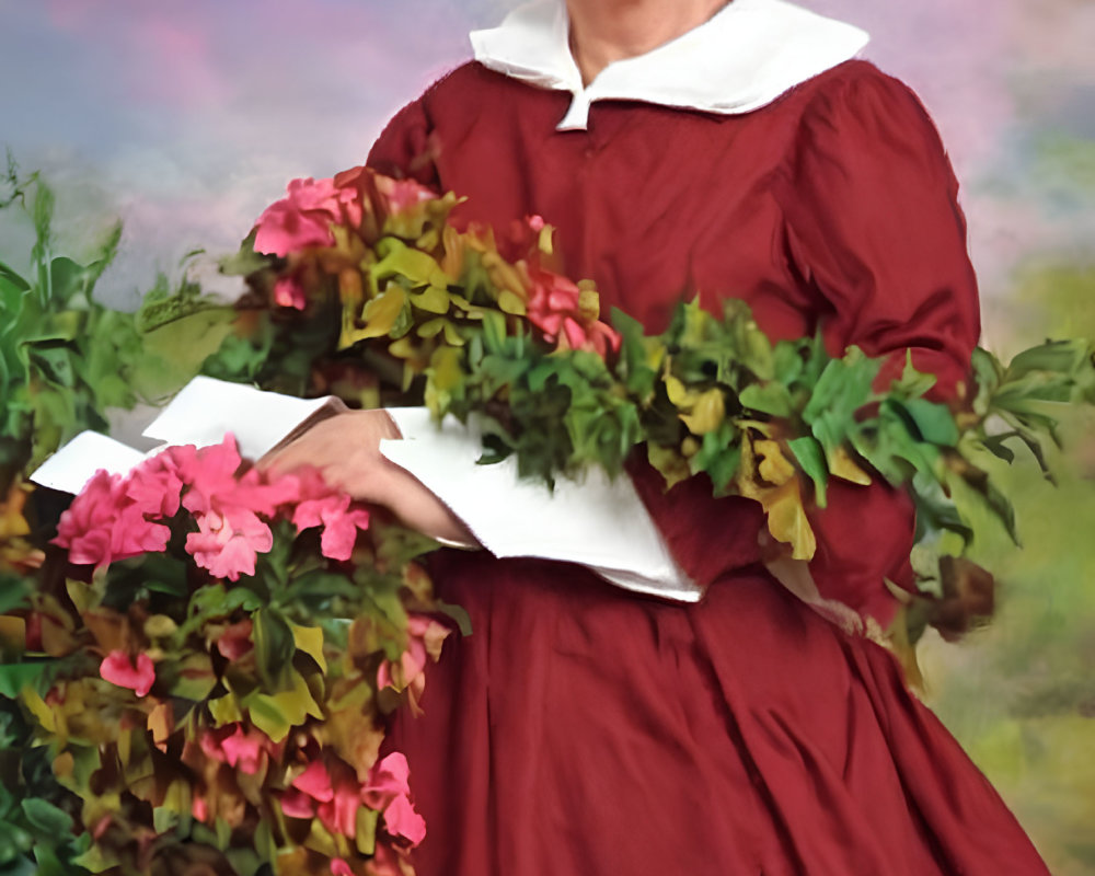 Elderly Woman in Vintage Red Dress Holding Pink Flower Bouquet