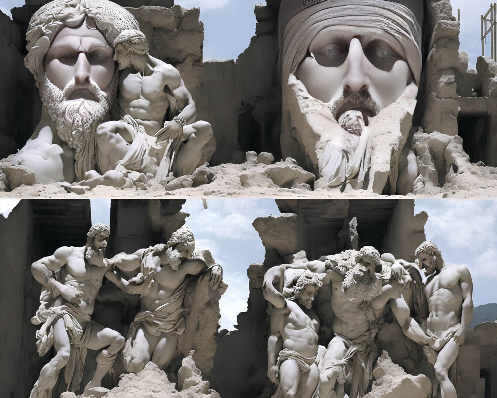 Detailed Sand Sculptures of Classical Figures and Colossal Face with Headdress in Four-Panel Image