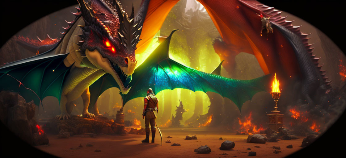 Knight confronts dragon in fiery cavern with colossal wings